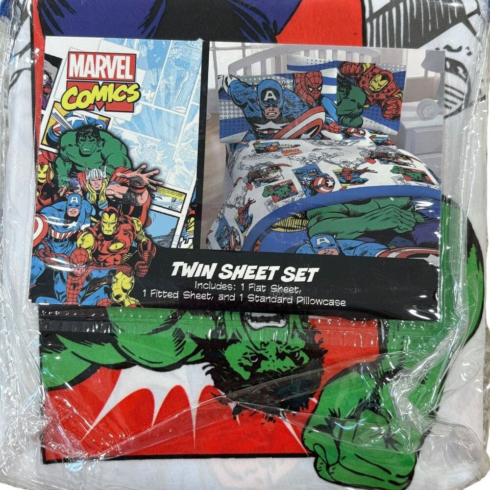 Marvel Comics Twin Sheet Set Includes Flat & Fitted Sheets & Pillowcase Hulk/Cap
